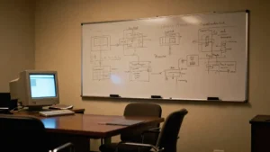 Sala de reuniones con una pizarra llena de diagramas