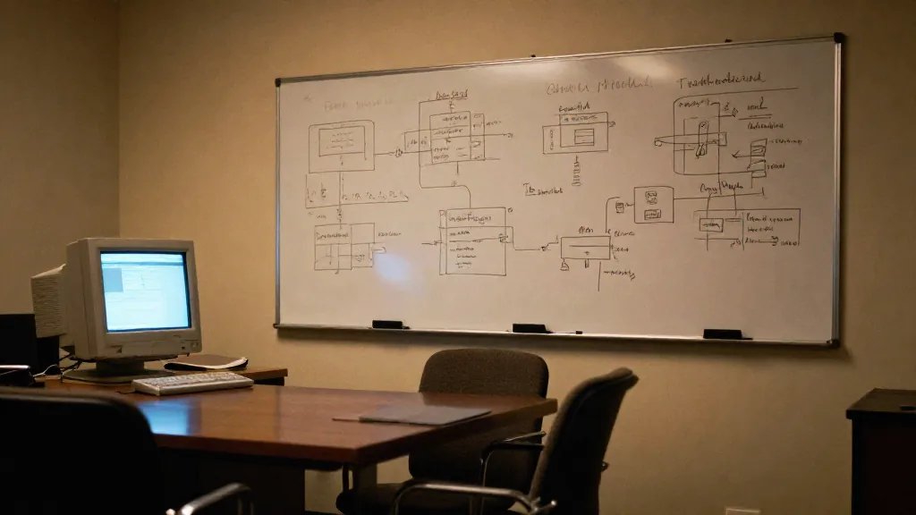 Sala de reuniones con una pizarra llena de diagramas