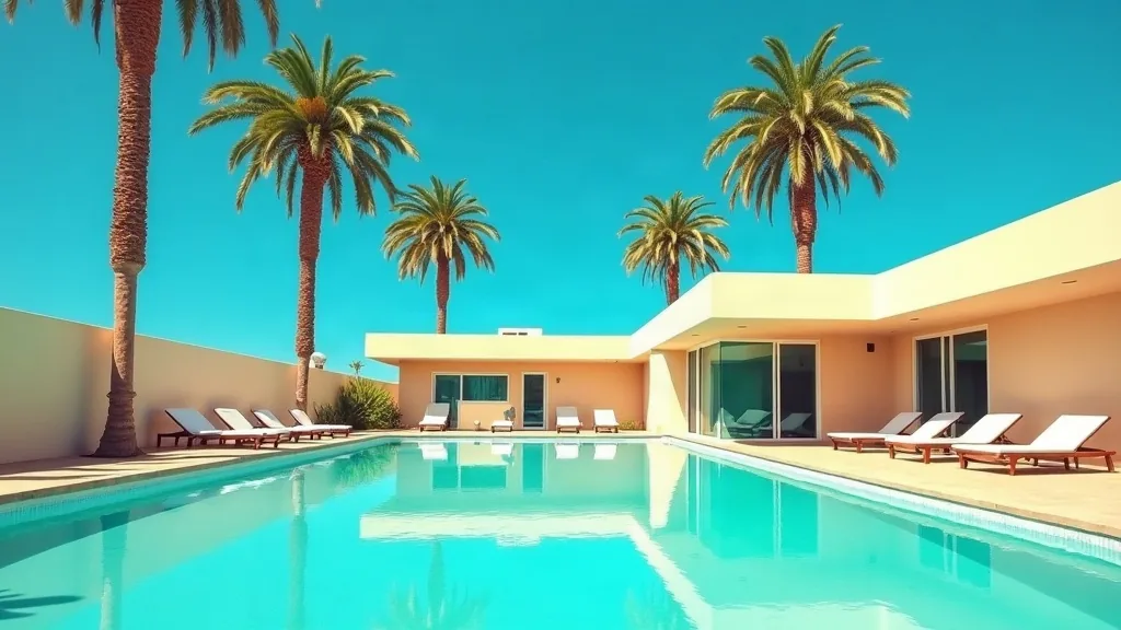 Paisaje del tipo que ilustraba las portadas del city pop: piscina, palmeras y nadie dentro.
