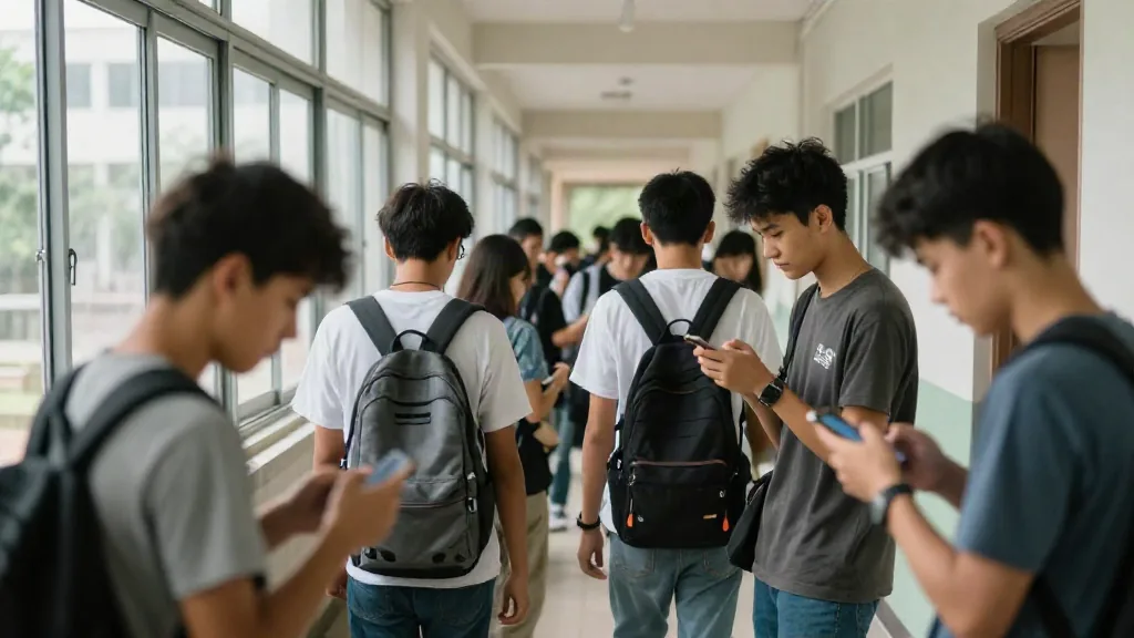 Pasillo de instituto en el recreo con adolescentes mirando el móvil